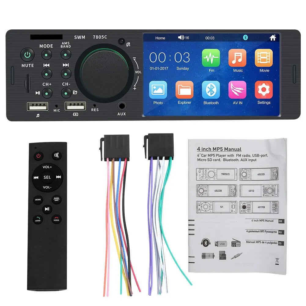 Radio de coche 4 pulgadas, pantalla táctil, Bluetooth, música, manos libres, reproductor MP5, carga USB TF
